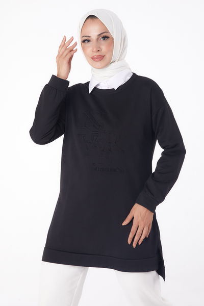 Düz Bisiklet Yaka Kadın Siyah Sweat - 26201