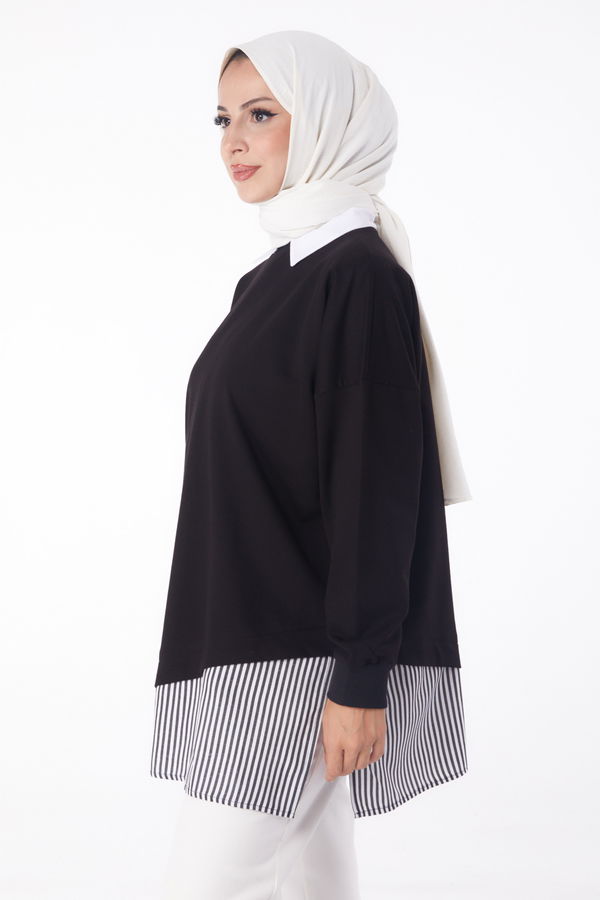 Düz Bisiklet Yaka Kadın Siyah Çizgili Sweat - 26222