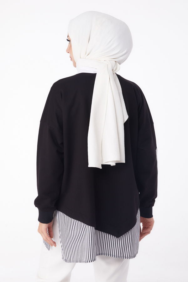Düz Bisiklet Yaka Kadın Siyah Çizgili Sweat - 26222