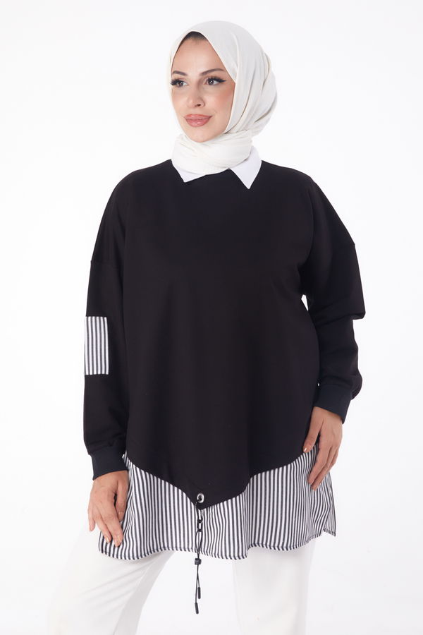Düz Bisiklet Yaka Kadın Siyah Çizgili Sweat - 26222
