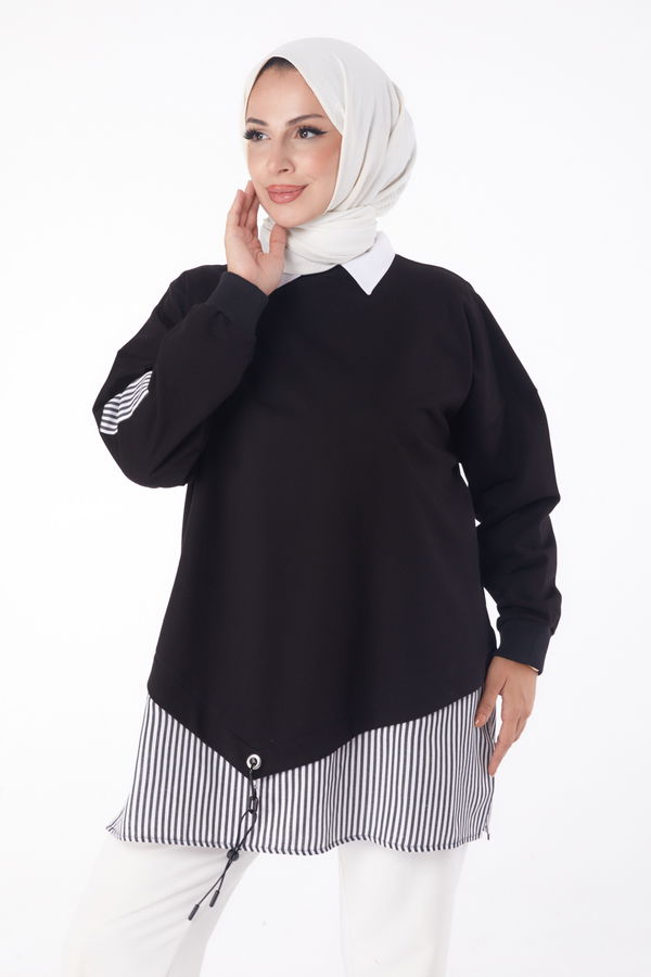 Düz Bisiklet Yaka Kadın Siyah Çizgili Sweat - 26222