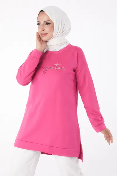 Düz Bisiklet Yaka Kadın Fuşya Sweat - 26199