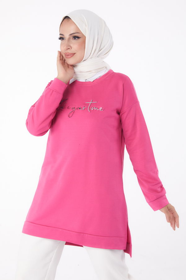 Düz Bisiklet Yaka Kadın Fuşya Sweat - 26199