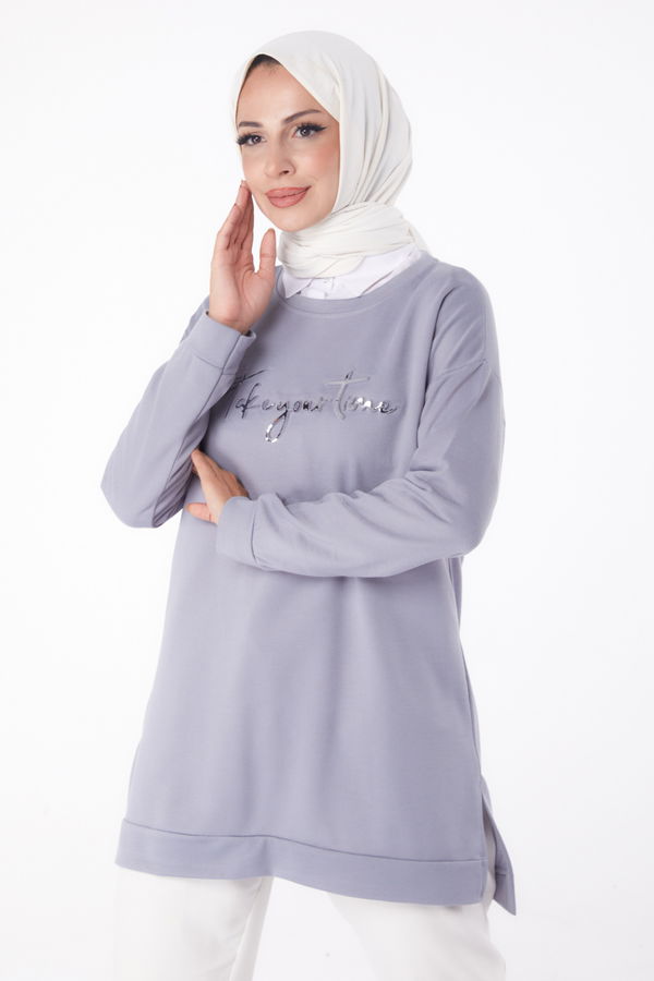 Düz Bisiklet Yaka Kadın Gri Sweat - 26199 GRİ