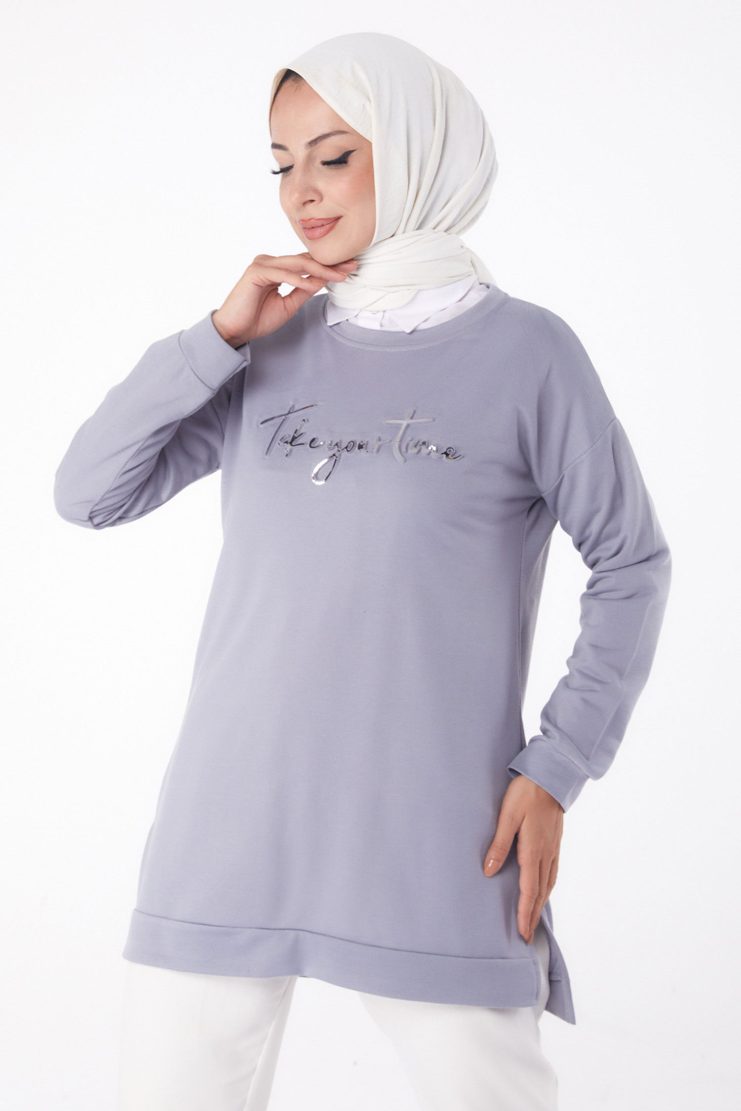 Düz Bisiklet Yaka Kadın Gri Sweat - 26199 GRİ