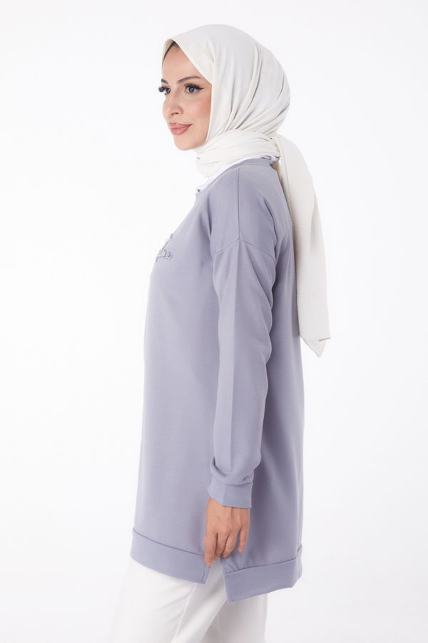 Düz Bisiklet Yaka Kadın Gri Sweat - 26199 GRİ