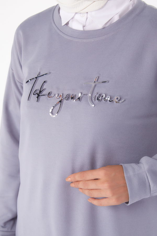 Düz Bisiklet Yaka Kadın Gri Sweat - 26199 GRİ