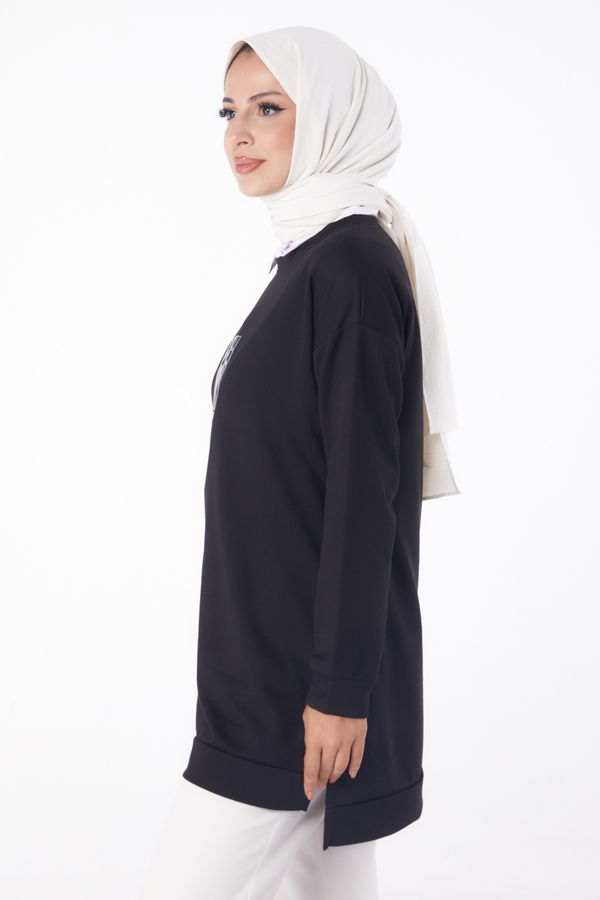 Düz Bisiklet Yaka Kadın Siyah Sweat - 26202 SİYAH