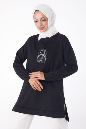 Düz Bisiklet Yaka Kadın Siyah Sweat - 26202