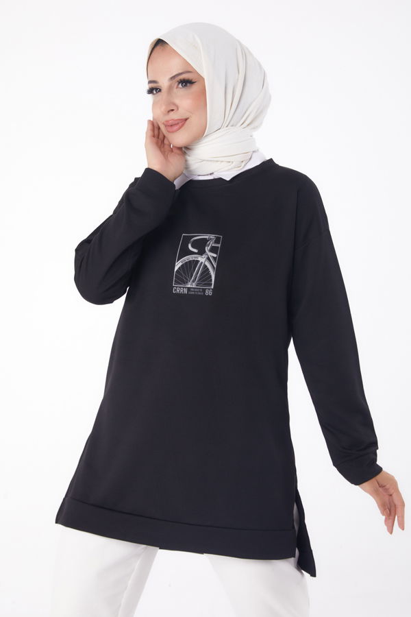 Düz Bisiklet Yaka Kadın Siyah Sweat - 26202 SİYAH