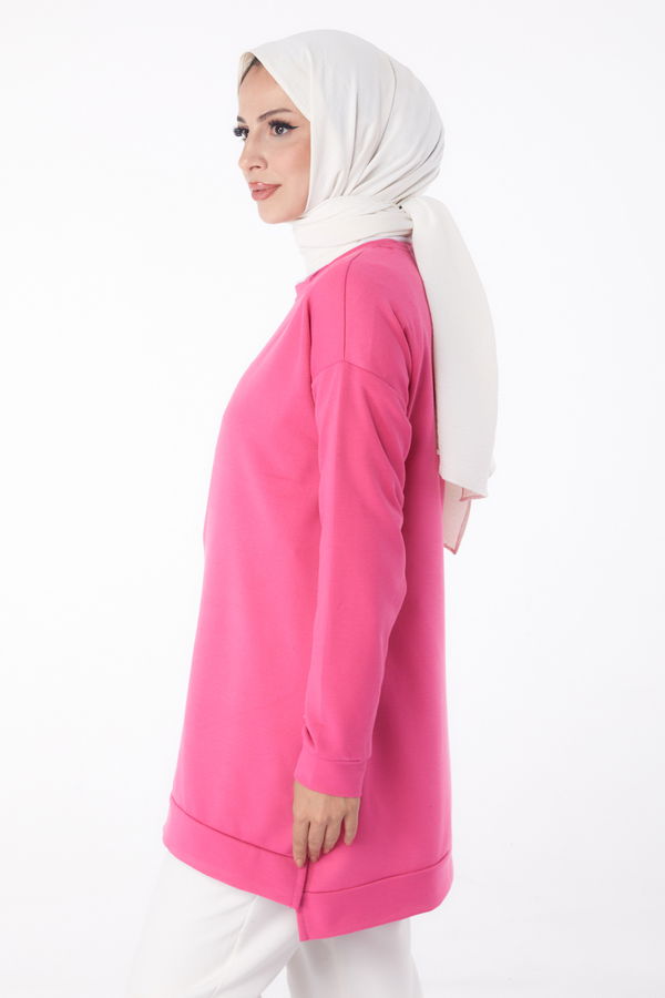 Düz Bisiklet Yaka Kadın Fuşya Sweat - 26202 FUŞYA