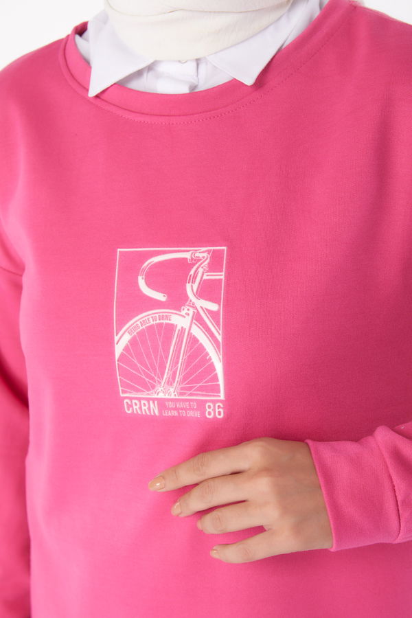 Düz Bisiklet Yaka Kadın Fuşya Sweat - 26202 FUŞYA