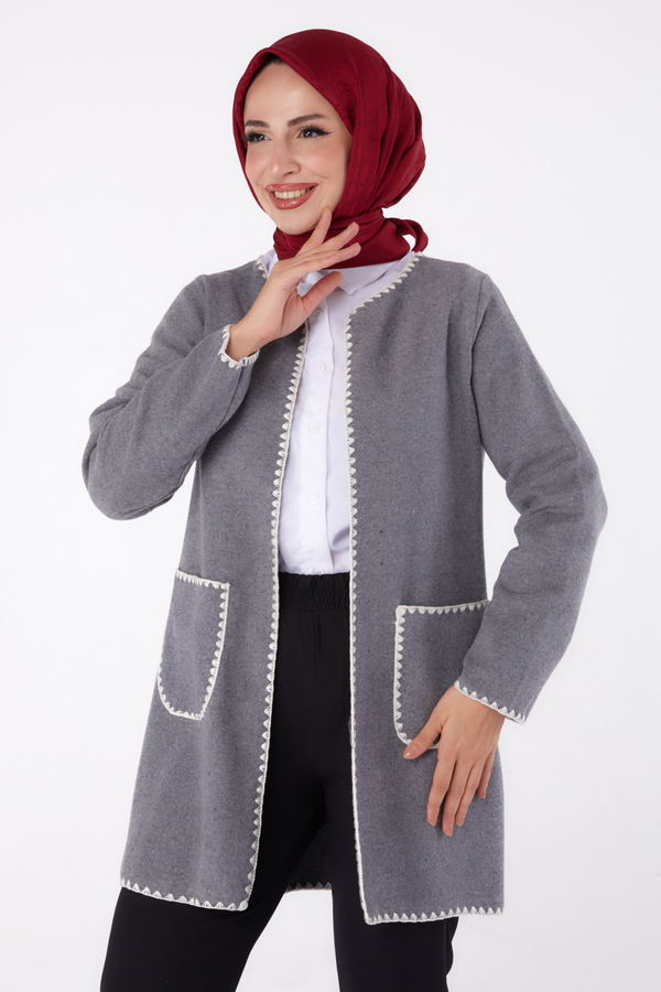 Düz Orta Kadın Gri Nakışlı Ceket - 13304 GRİ