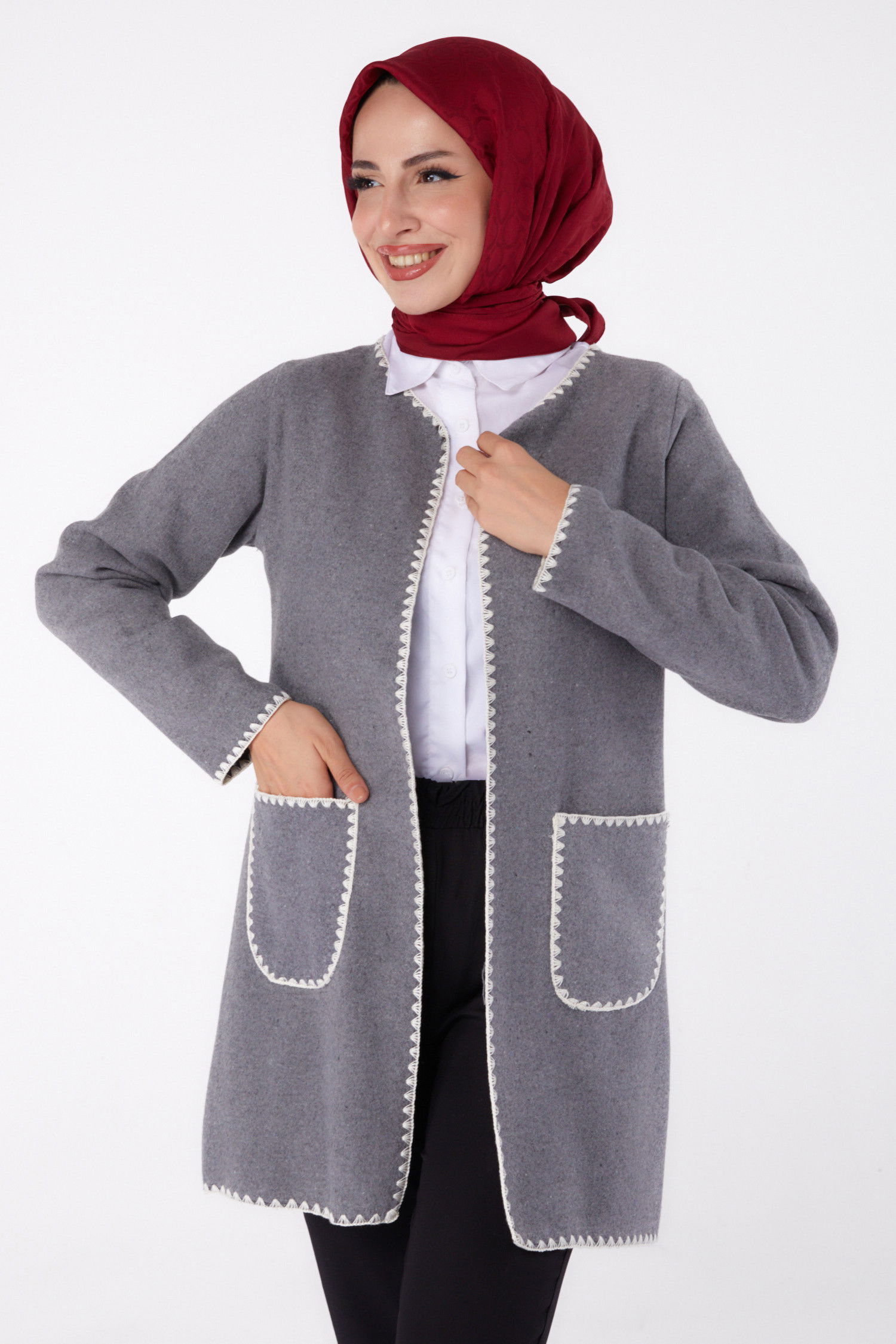Düz Orta Kadın Gri Nakışlı Ceket - 13304 GRİ