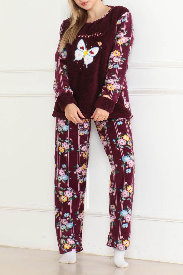 Düz Bisiklet Yaka Kadın Mor Nakışlı Peluş Polar Pijama Takım - 26633
