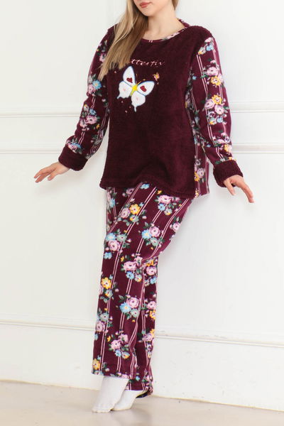 Düz Bisiklet Yaka Kadın Mor Nakışlı Peluş Polar Pijama Takım - 26633