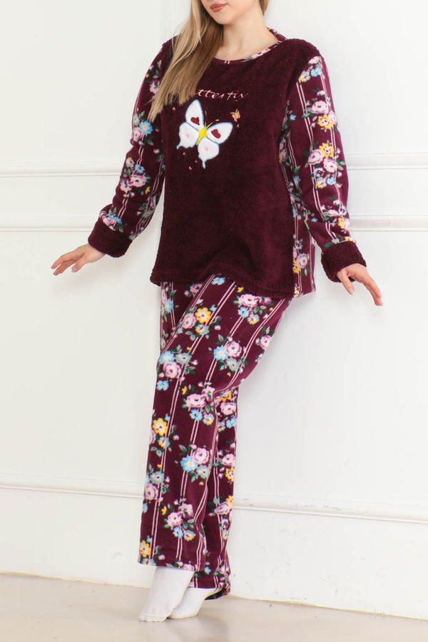 Düz Bisiklet Yaka Kadın Mor Nakışlı Peluş Polar Pijama Takım - 26633