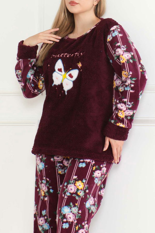 Düz Bisiklet Yaka Kadın Mor Nakışlı Peluş Polar Pijama Takım - 26633