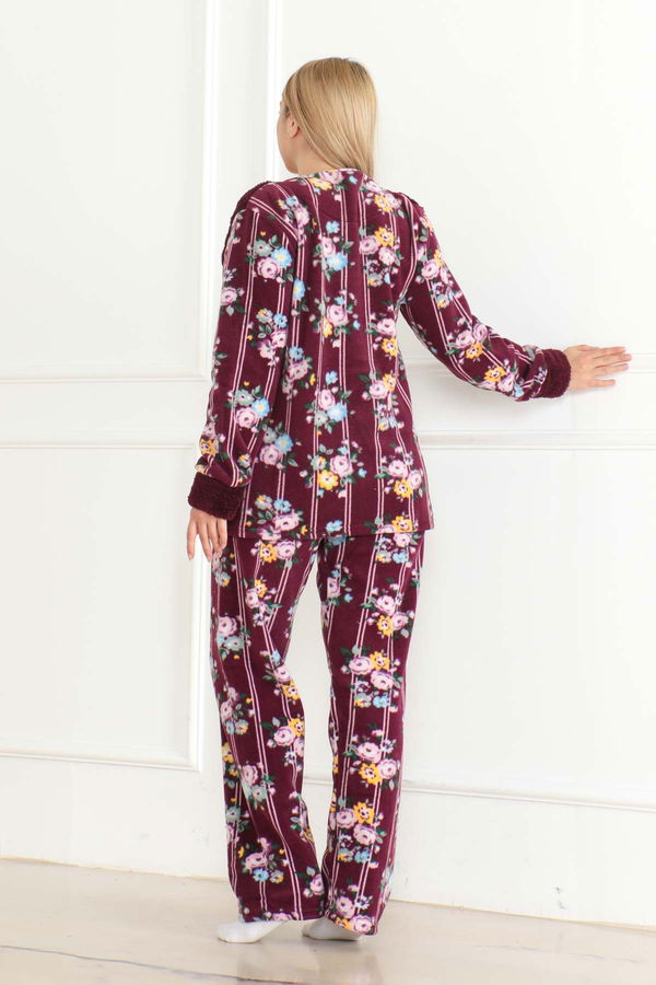 Düz Bisiklet Yaka Kadın Mor Nakışlı Peluş Polar Pijama Takım - 26633