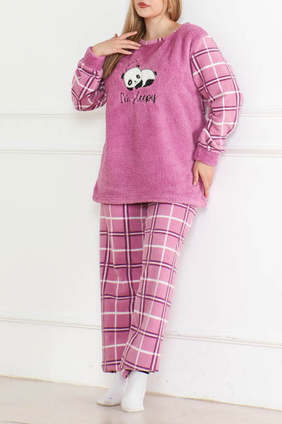 Düz Bisiklet Yaka Kadın Lila Nakışlı Peluş Polar Pijama Takım - 26638