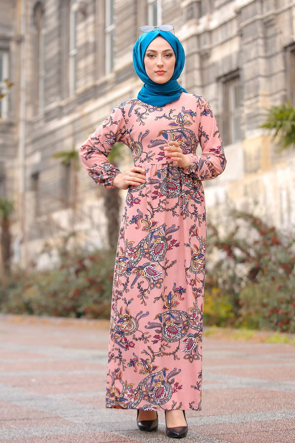 Desenli Elbise Camel Pembe - 7592