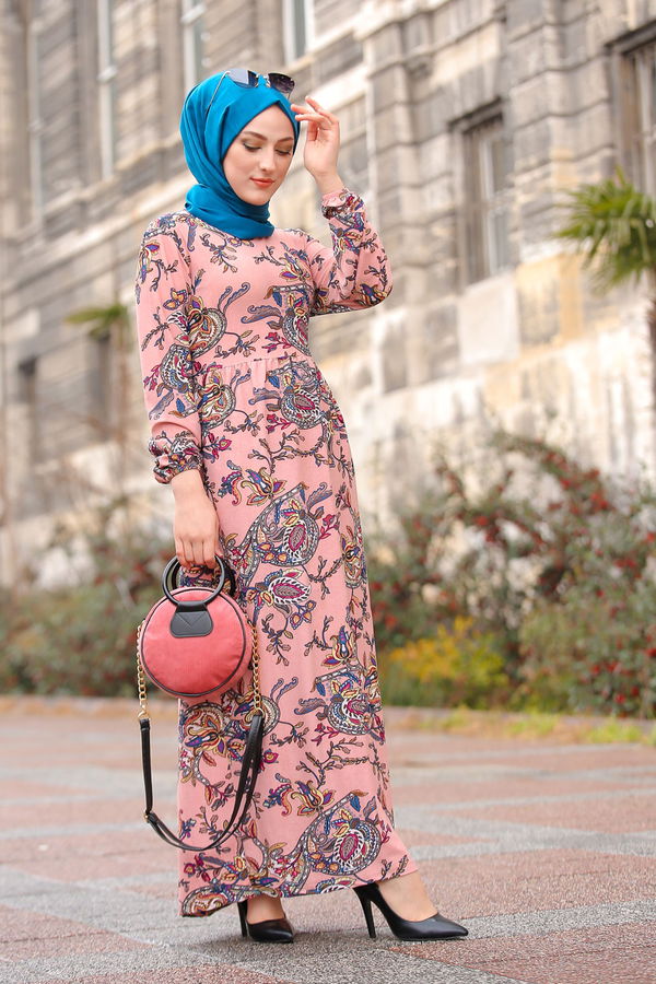 Desenli Elbise Camel Pembe - 7592