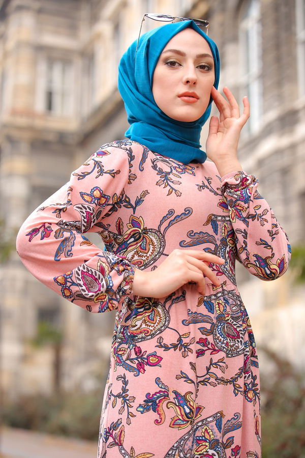 Desenli Elbise Camel Pembe - 7592
