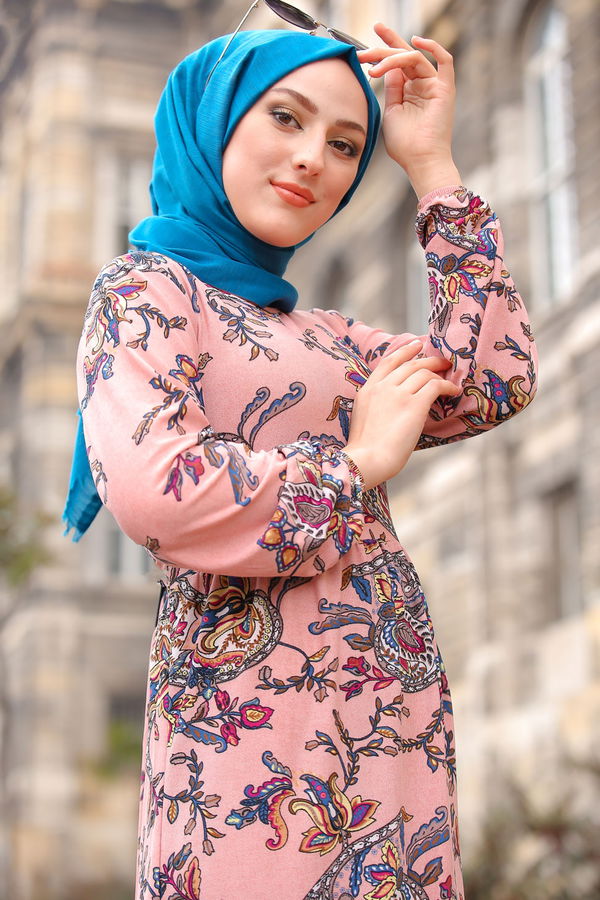 Desenli Elbise Camel Pembe - 7592