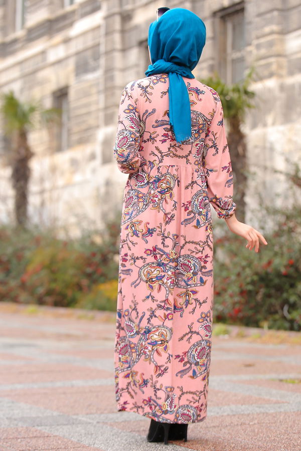 Desenli Elbise Camel Pembe - 7592
