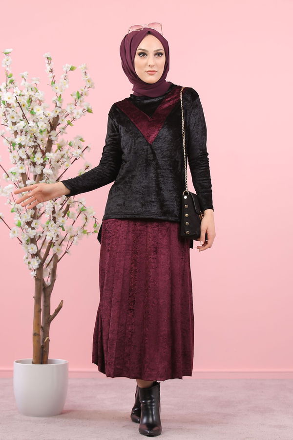 Kadife Tunik Etek Siyah Haki  Siyah - 8247 SİYAH