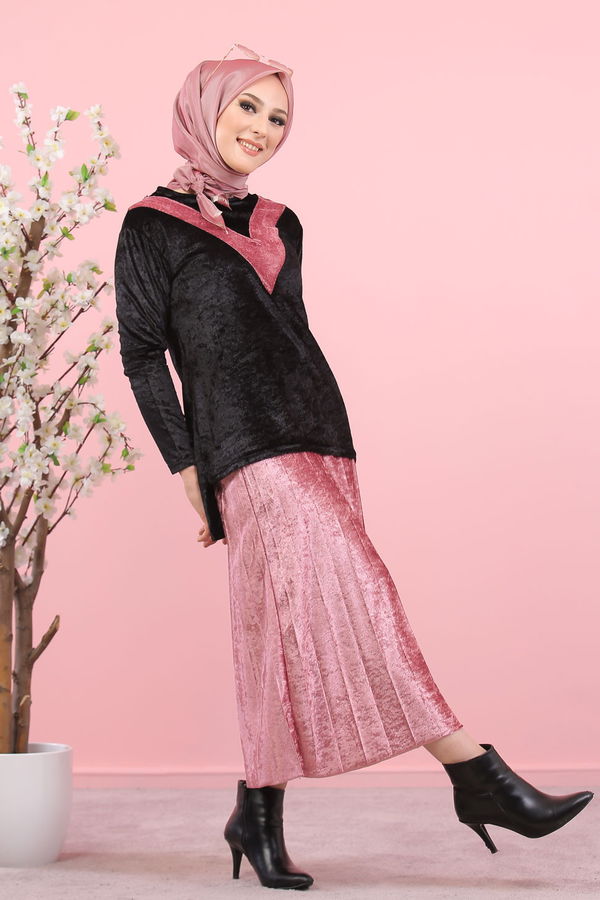 Kadife Tunik Etek Siyah Haki  Siyah - 8247