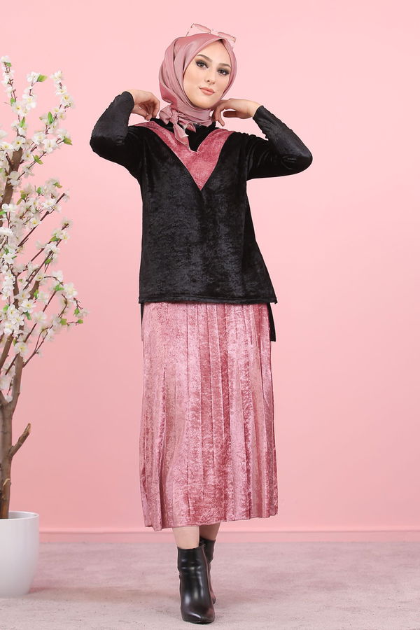 Kadife Tunik Etek Siyah Haki  Siyah - 8247