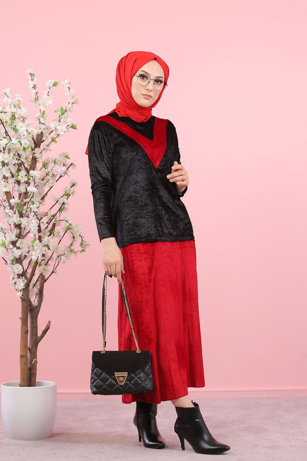 Kadife Tunik Etek Siyah Haki  Siyah - 8247