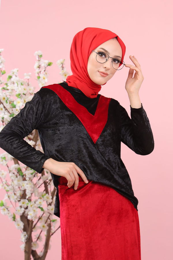 Kadife Tunik Etek Siyah Haki  Siyah - 8247