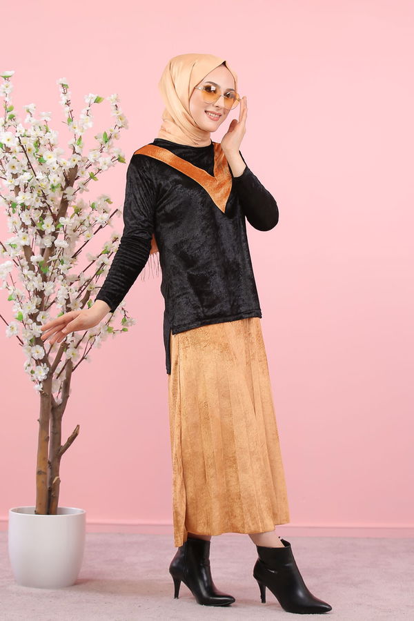 Kadife Tunik Etek Siyah Haki  Siyah - 8247