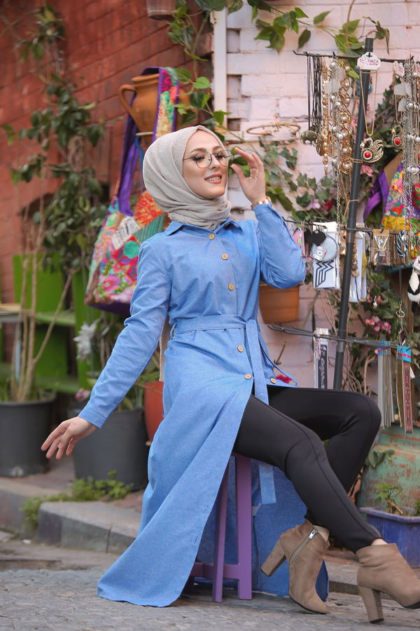 3011 DÜGMELİ UZUN GÖMLEK Mavi - 3011
