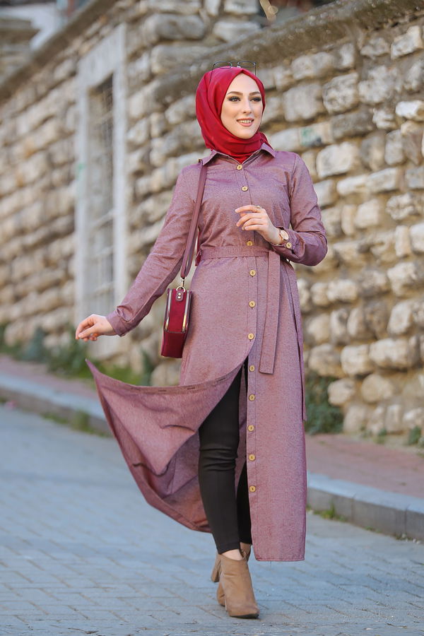 3011 DÜGMELİ UZUN GÖMLEK Bordo - 3011