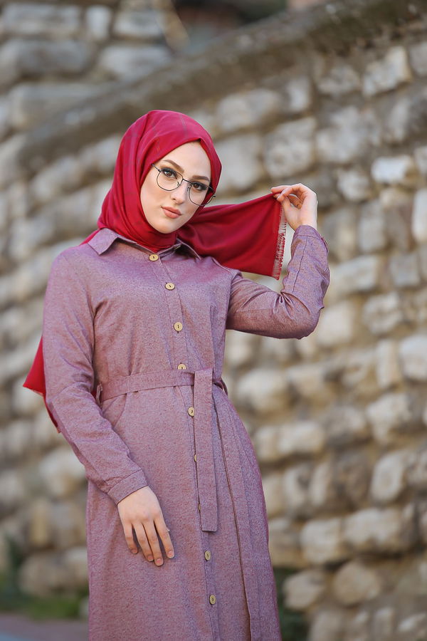 3011 DÜGMELİ UZUN GÖMLEK Bordo - 3011