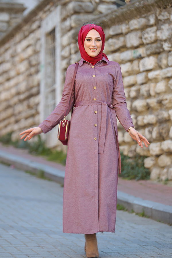 3011 DÜGMELİ UZUN GÖMLEK Bordo - 3011