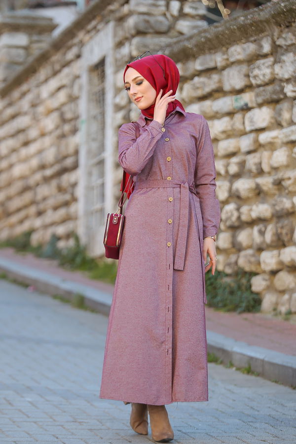 3011 DÜGMELİ UZUN GÖMLEK Bordo - 3011