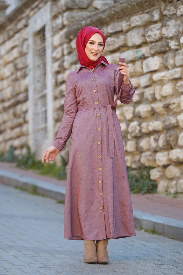 3011 DÜGMELİ UZUN GÖMLEK Bordo - 3011