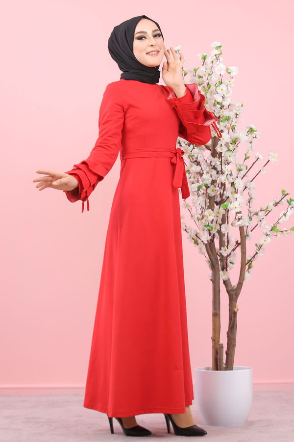 8392 KUŞAKLI ELBİSE Bordo - 8392