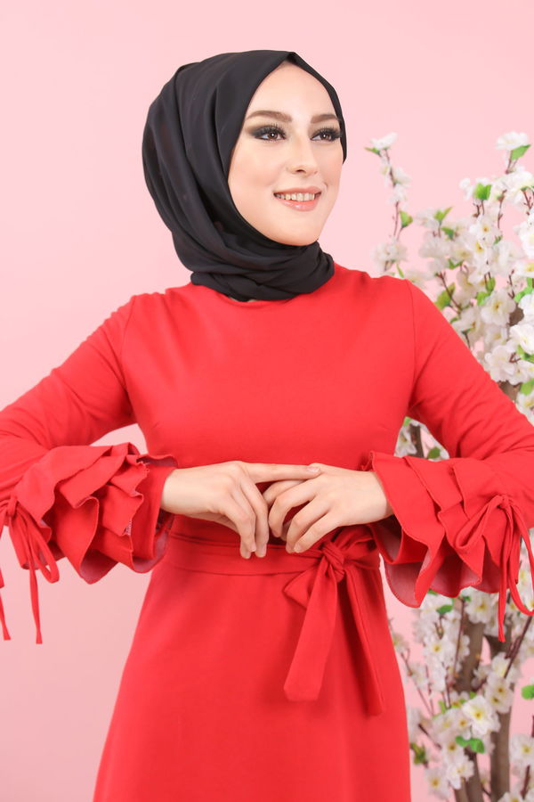 8392 KUŞAKLI ELBİSE Bordo - 8392