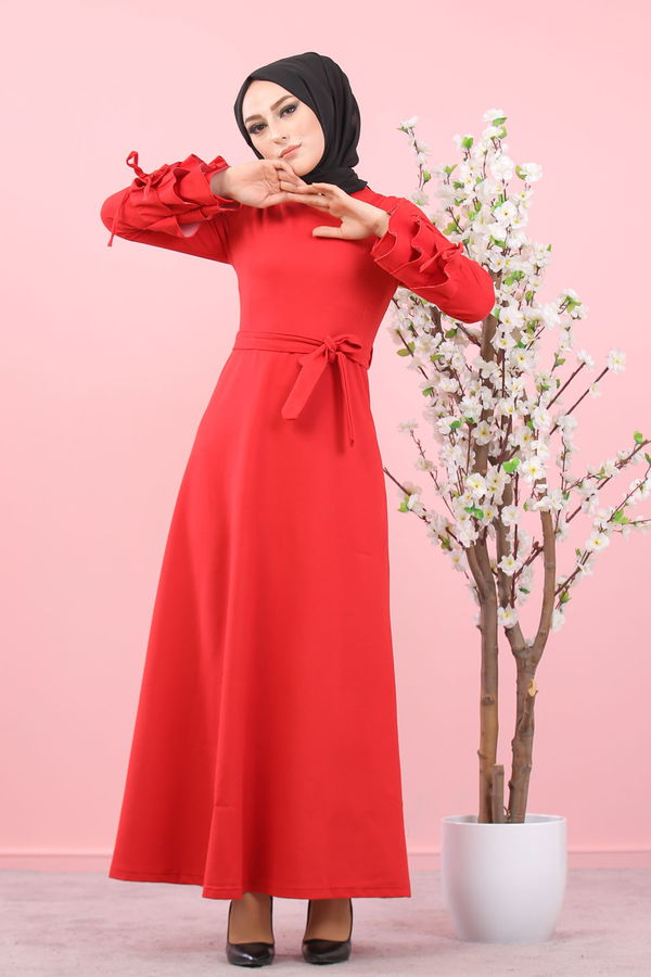 8392 KUŞAKLI ELBİSE Bordo - 8392