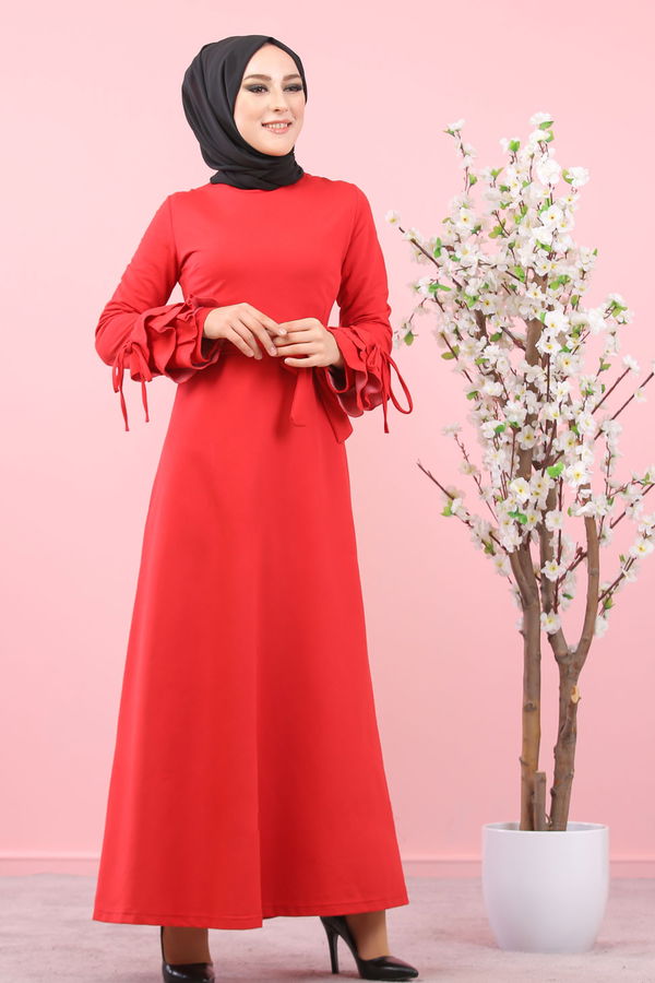 8392 KUŞAKLI ELBİSE Bordo - 8392