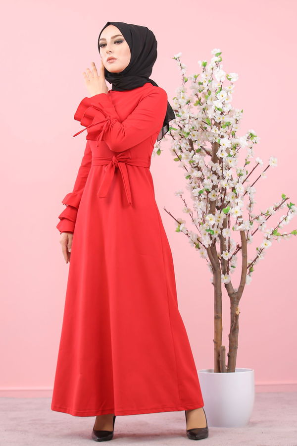 8392 KUŞAKLI ELBİSE Bordo - 8392