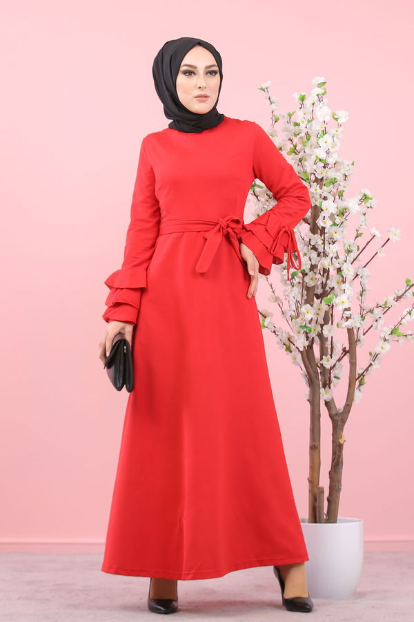 8392 KUŞAKLI ELBİSE Bordo - 8392
