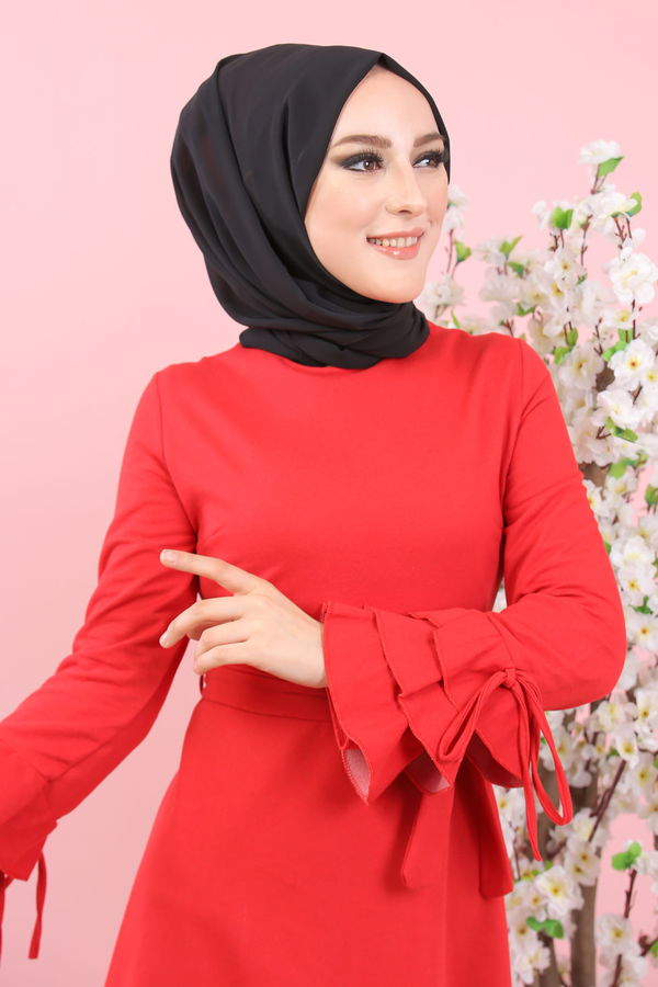 8392 KUŞAKLI ELBİSE Bordo - 8392