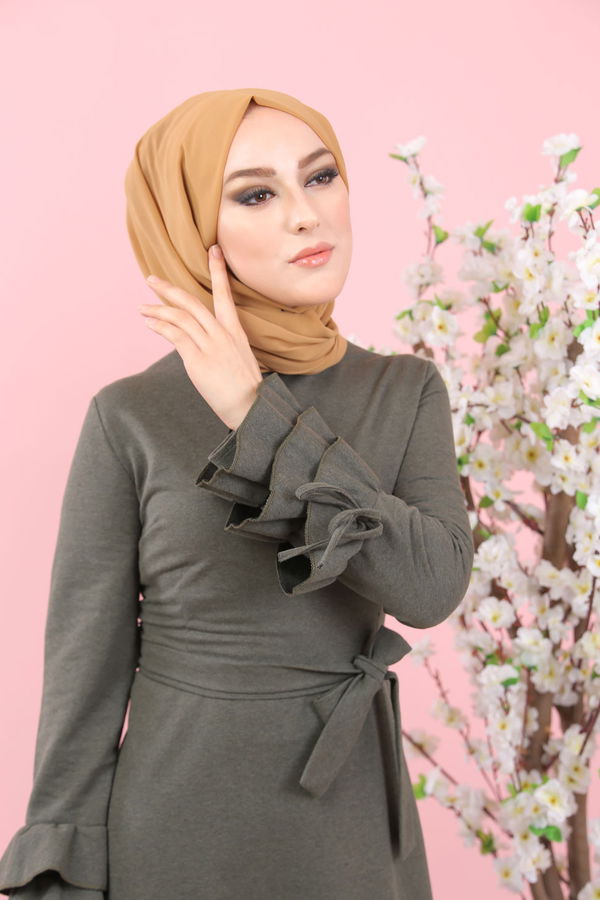 8392 KUŞAKLI ELBİSE Haki - 8392
