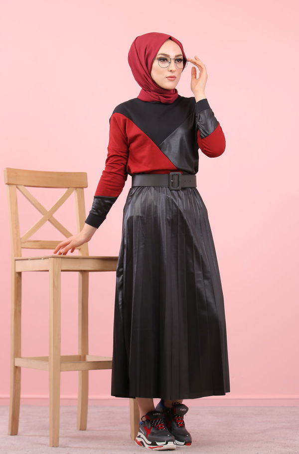 Plise Bluz Etek Siyah Bordo Siyah - 8311 SİYAH